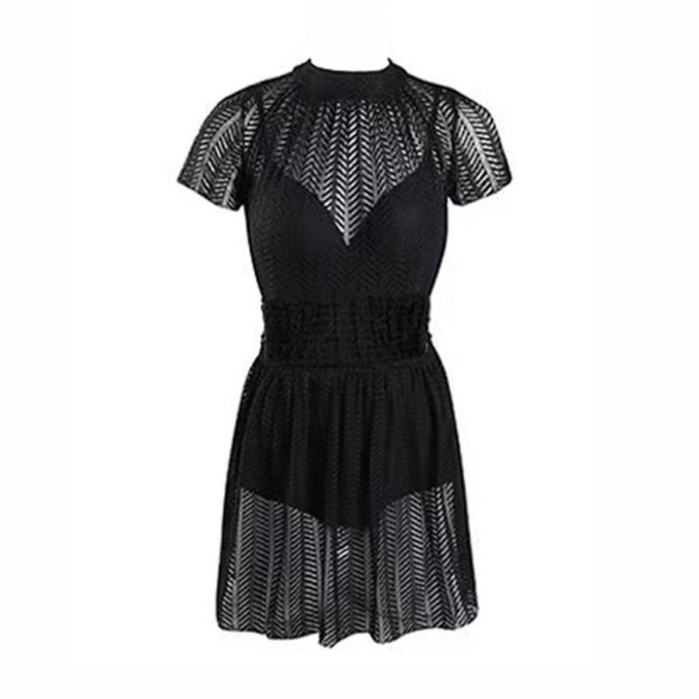 

Купальный костюм с короткими рукавами, прозрачный купальник для горячих источников, кружевной купальник-юбка, женский L чёрный