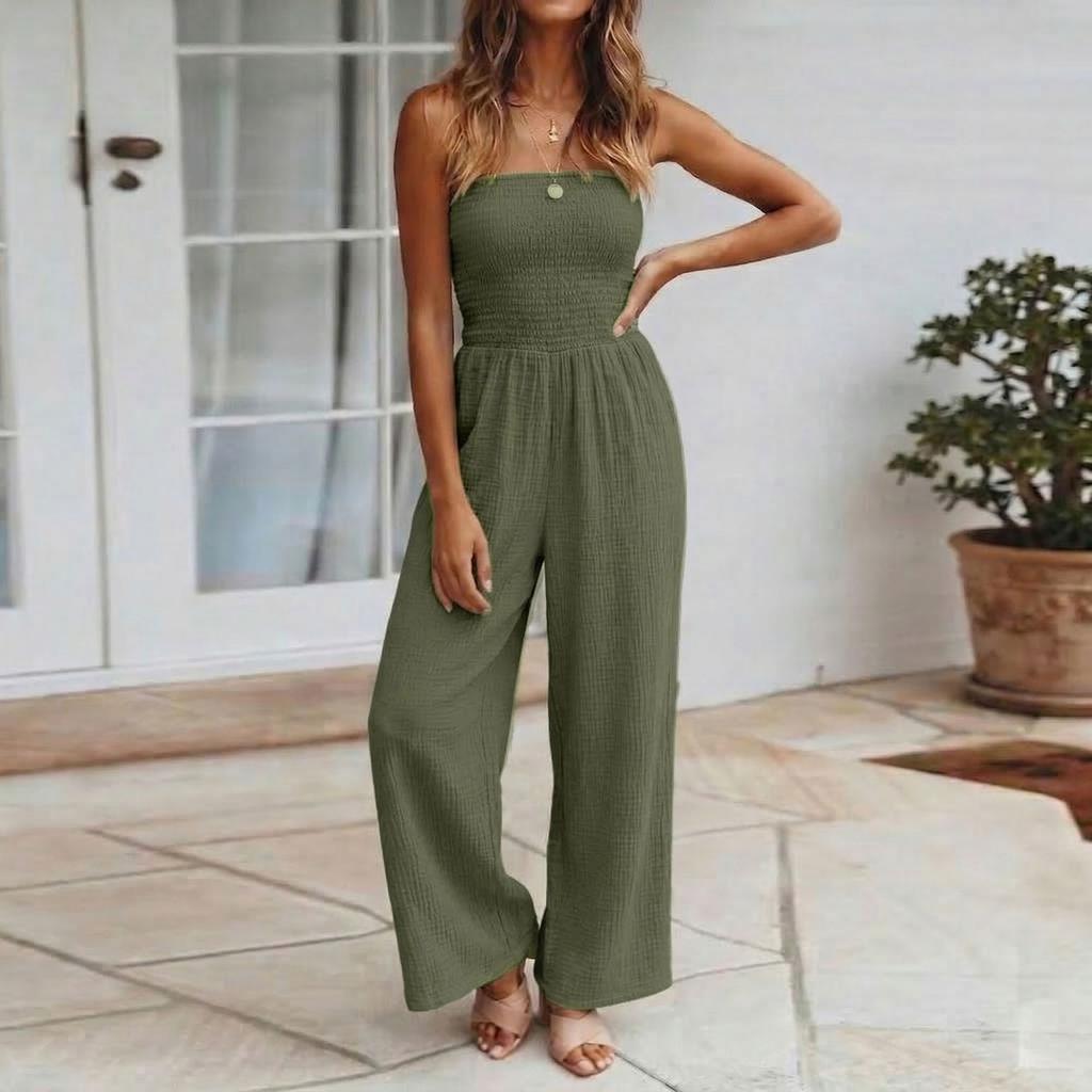 Women's Fashion Wide-Leg  Color Strapless Pocket Waist-cinching Jumpsuit