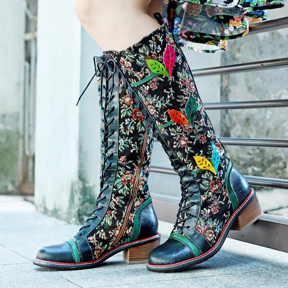 Johnature Botas largas de cuero genuino para mujer, zapatos hechos a mano con estampado Retro, Color a juego, con cordones, hasta media pantorrilla
