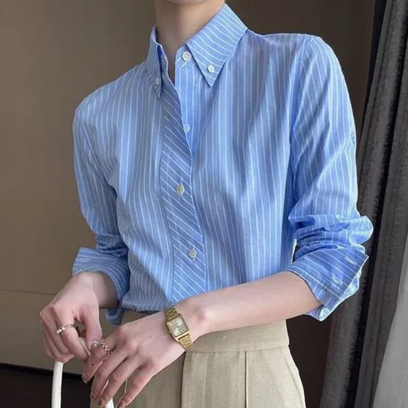 

Blue Striped Shirt Women s Long Sleeve 2025 Autumn New French Retro Style Shirt Fashionable and Versatile Top S небо синє кольору