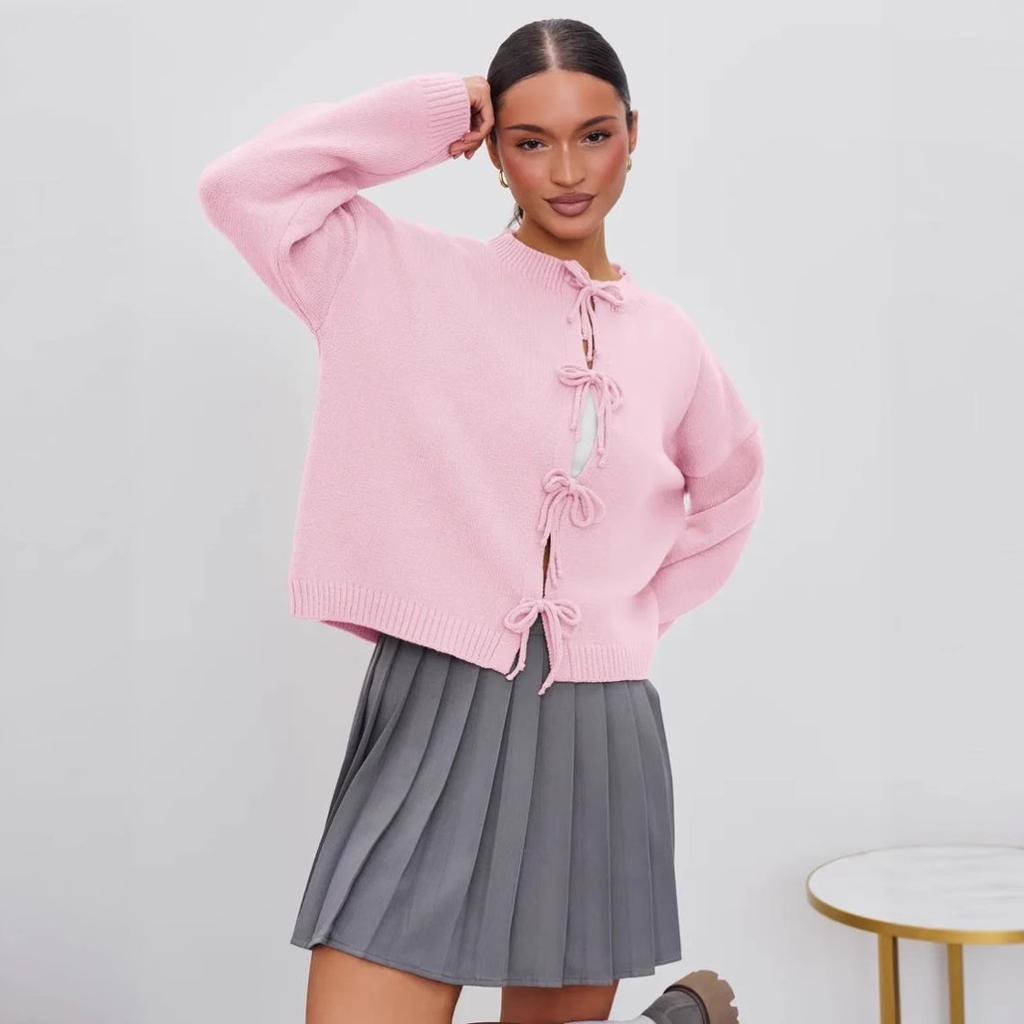 European and American 2026 Autumn/Winter European and American Autumn Casual Loose Cardigan Tie Solid Color Knit Sweater for Women