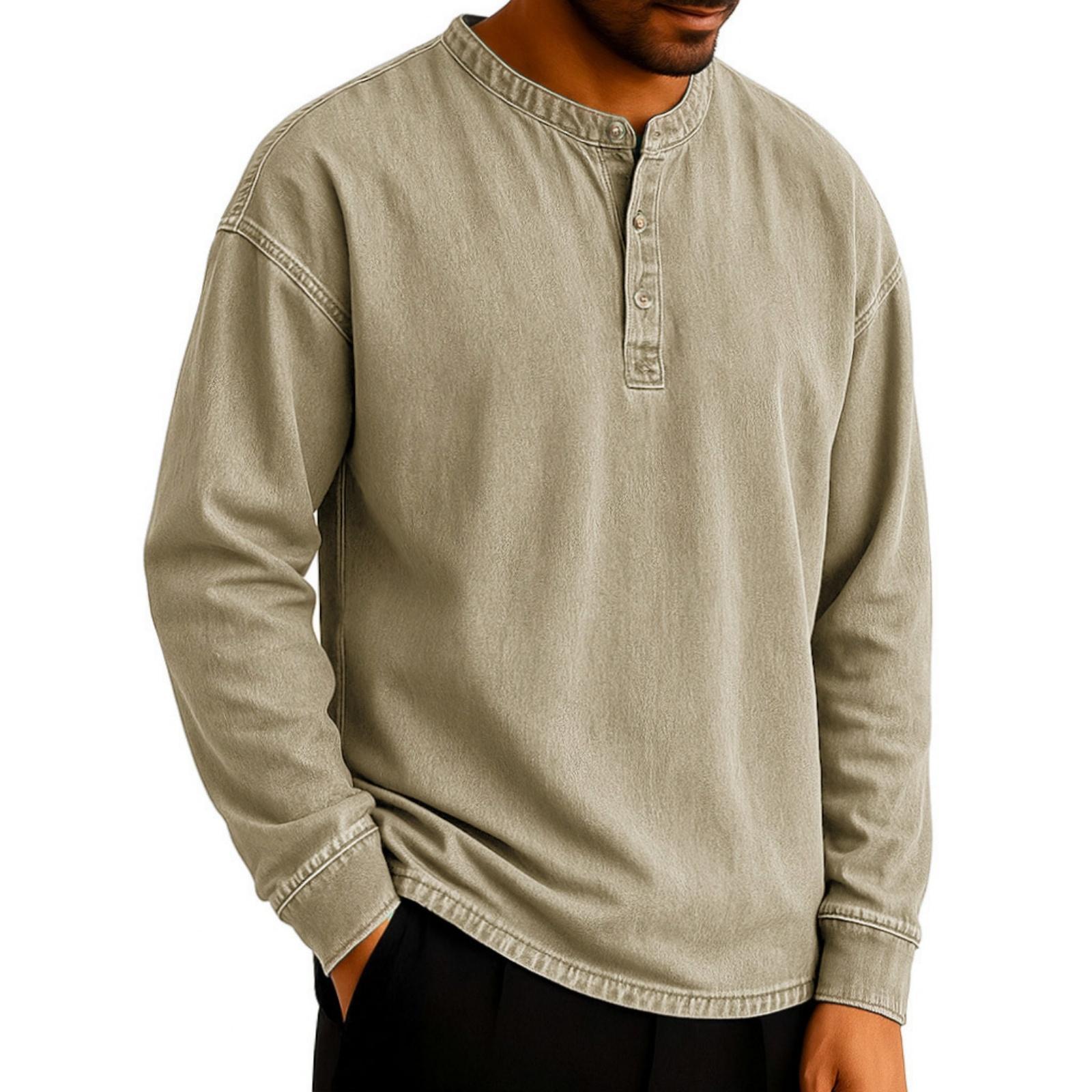 

Мужской однотонный повседневный моющийся ретро топ с круглым вырезом, облегающий, с длинным рукавом M хаки