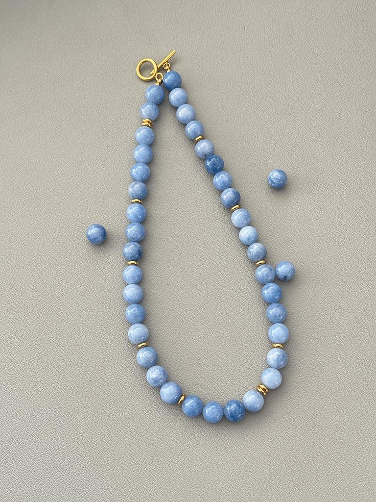 Summer Beach Jewelry Dainty Layering Choker Chunky Gemstone Genuine Aquamarine Beaded Necklace with Gold Toggle Clasp