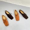 Johnature Square Toe Loafers Frosted Cowhide Versatile Handmade Lace-up Genuine Leather Women's Flat Shoes