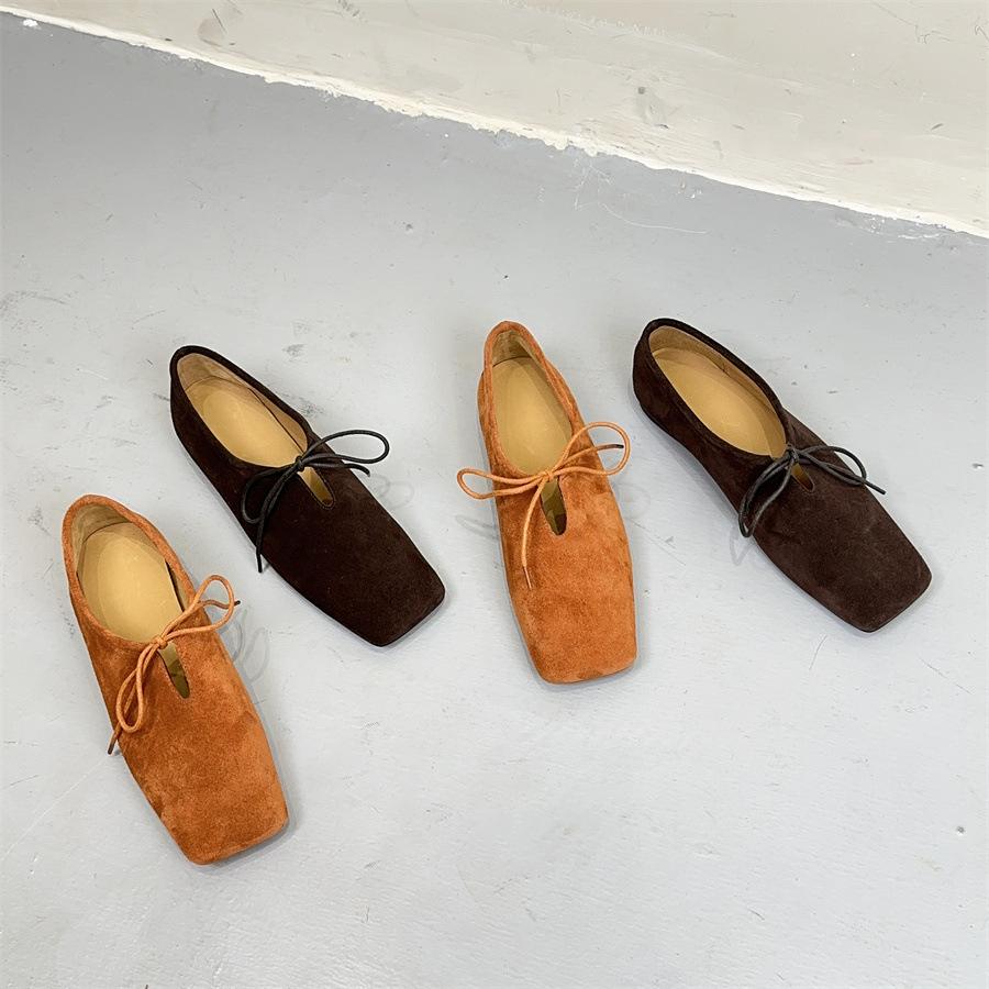 Johnature Square Toe Loafers Frosted Cowhide Versatile Handmade Lace-up Genuine Leather Women's Flat Shoes
