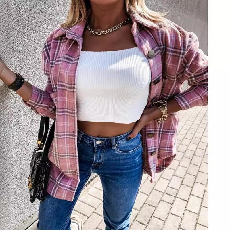 Autumn and Winter Loose Casual Retro Plaid Long Sleeved Shirt Jacket for Women