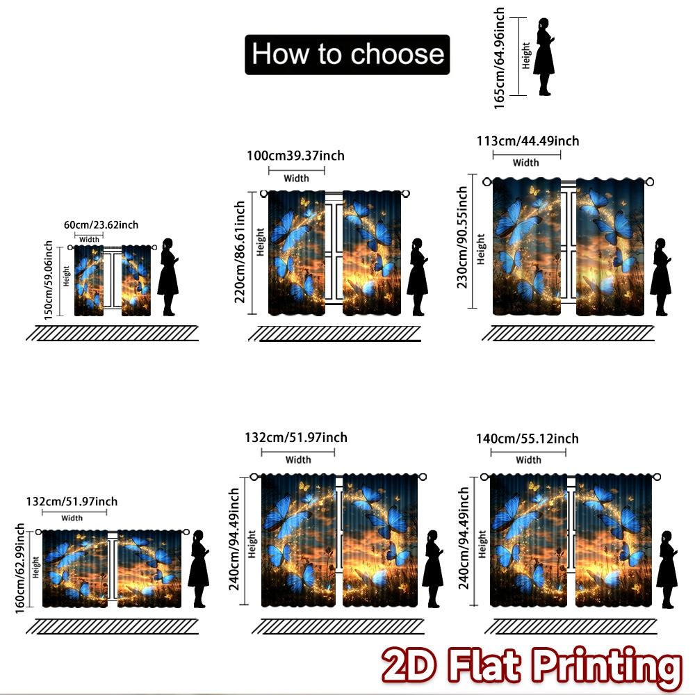 2D flat printing 2pcs Curtains Blue Butterfly Enchantment Magic Digital Printed Polyester Drapes All Season Party & Holiday