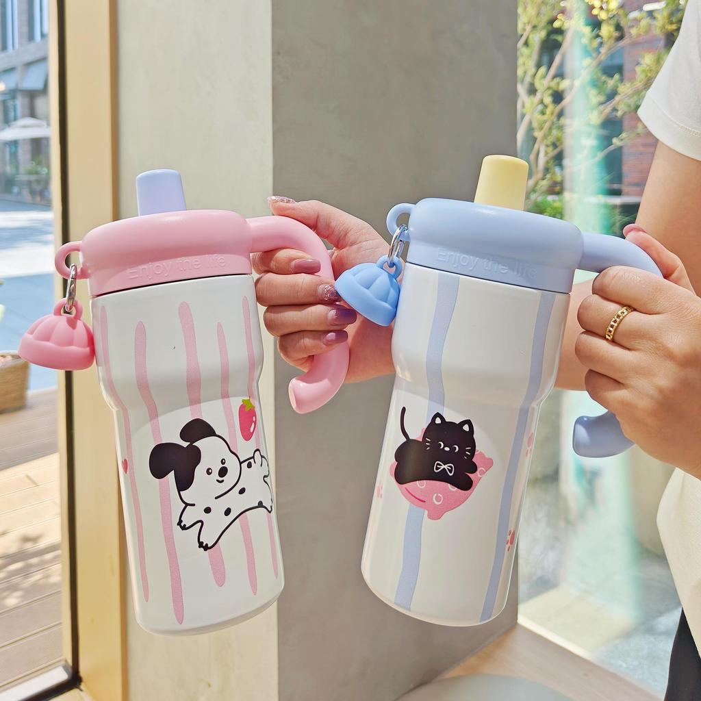 Floral Cartoon Handle Stainless Steel Vacuum Insulated Cup with Tea Infuser and Straw