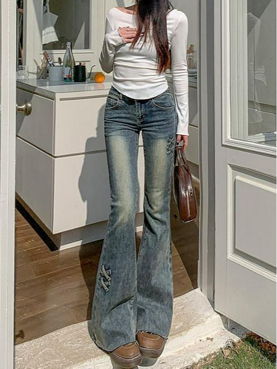 

Винтажные джинсы микро-клеш из Гонконга для женщин - Весна/Осень 2025, с высокой посадкой, облегающие, с бантом, клеш подкова Medium