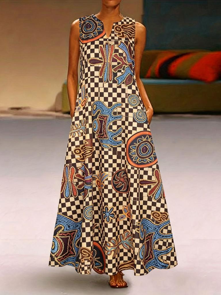 Retro Floral Color Matching Printing V-neck Sleeveless Loose Pendulum Long Dress