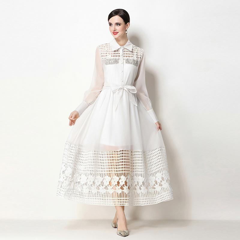 Summer Hollow Out Beaded Loose Chiffon Beach Dress Shirt Women's Puff Sleeve Lace Up Belt Holiday Party Long Robes Maxi Dress