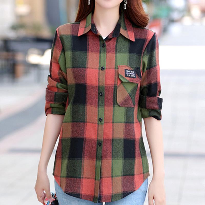 Tops de algodón liso para primavera y otoño, camisas de manga larga con solapa, abrigo para mujer, camisa a cuadros Retro cepillada, talla asiática
