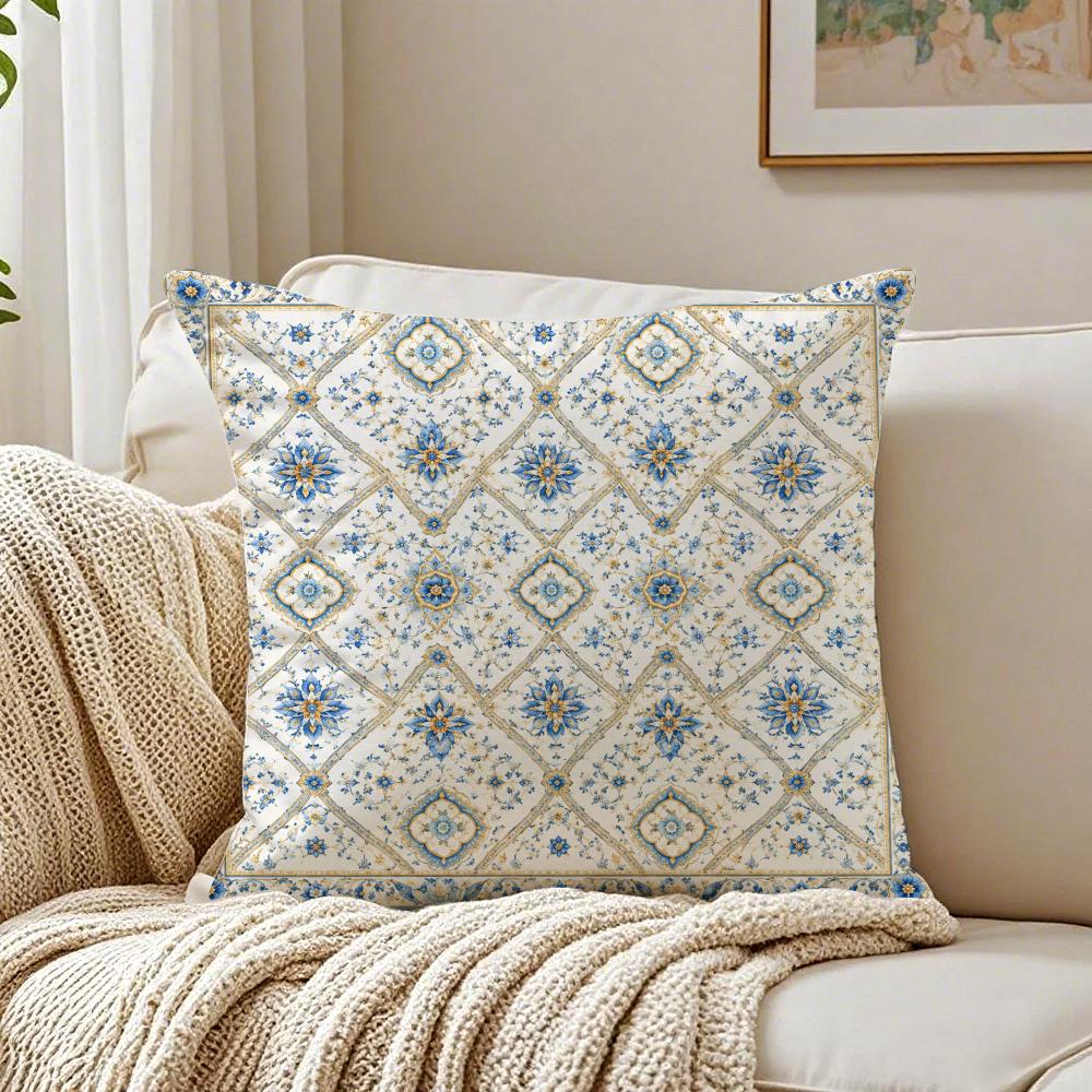 Mediterranean Blue Floral Pillow Case Breathable Organic Short Plush Cushion Covers WrinkleResistant Soft Durable