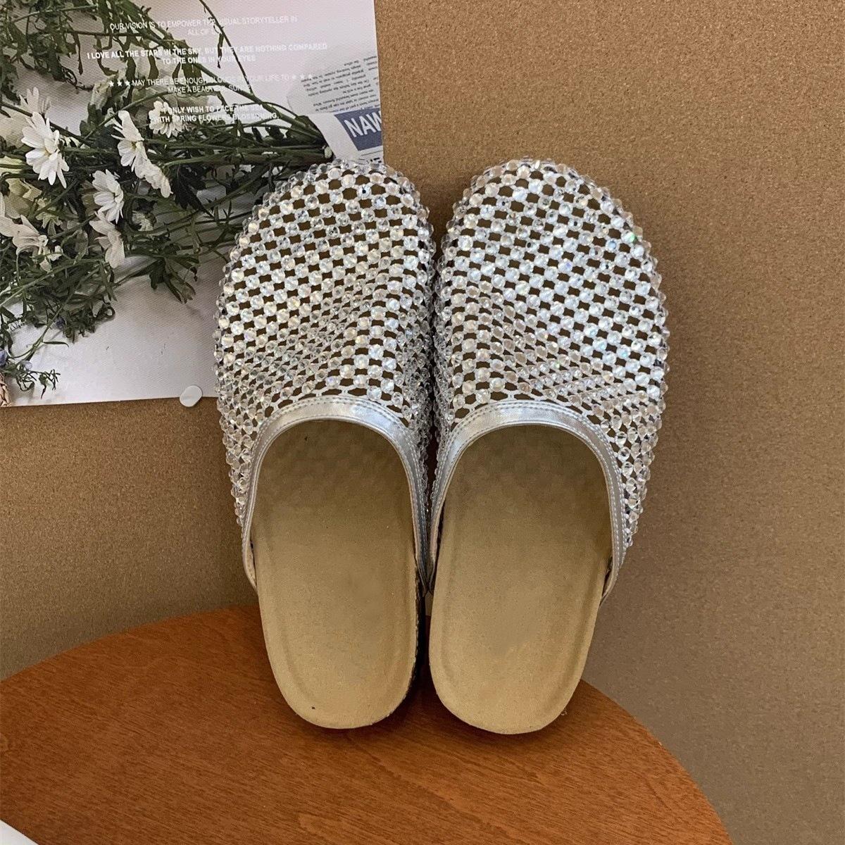 

Bright diamond leakage net breathable bag head slippers women s 2025 summer new thick-bottomed fishing net one pedal outside wearing temperament slipp 40