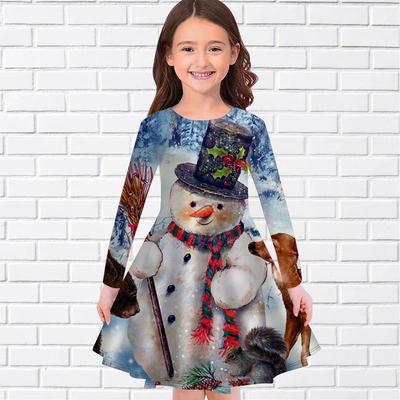 Girl Casual Interesting Snowman Print Round Neck Long Sleeve Dress Kid Princess Dress