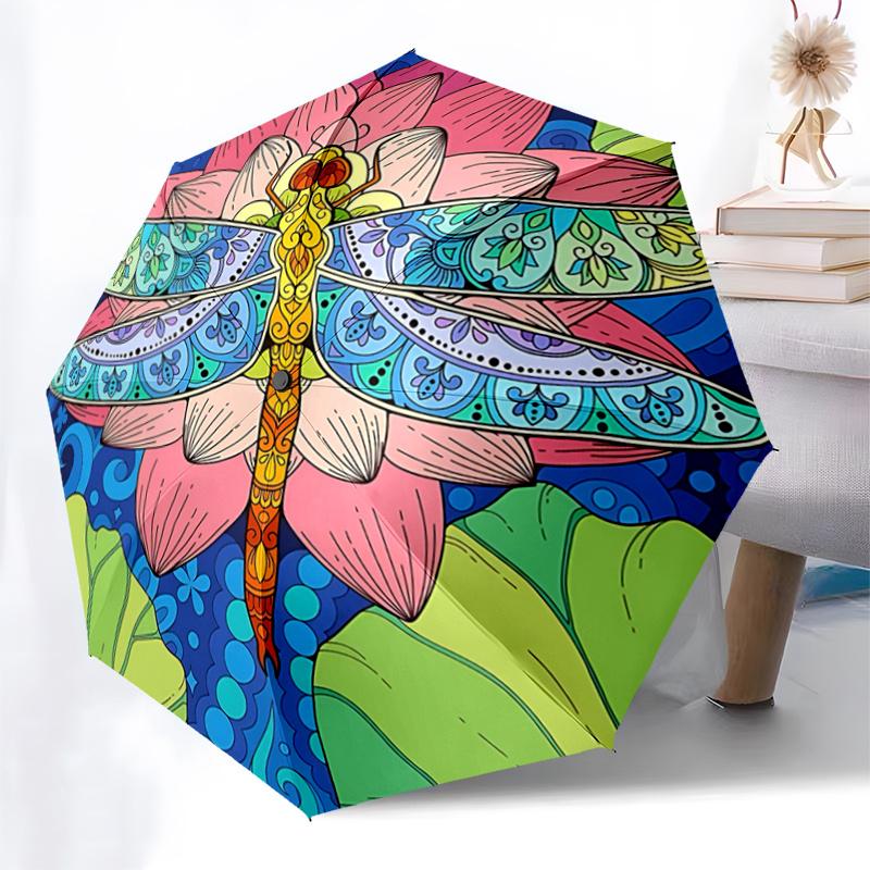 Colorful Lotus Dragonfly Mandala Automatic Opening Folding Umbrella with 8-Bone Iron Frame, Suitable for Fans, Travel, Daily Use, Festive Gi