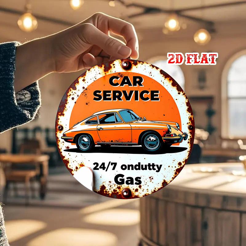 D Flat Pc Vintage Car Service Round Aluminum Sign Rustic Retro Design X Inch Metal Wall Art for Home Garage