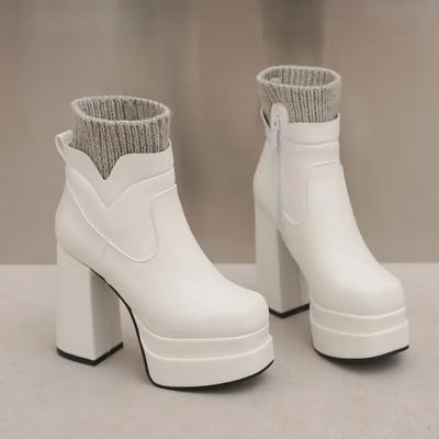New Knit Boots Woman Pu Leather Patchwork Short Boots Platform Shoes Women Chunky High Heel Stretch Ankle Boots Women Size 34-50