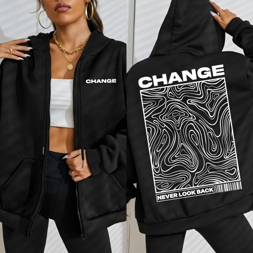 Change Never Look Back Street Graphic Print Women Zipper Hoody Autumn Hoodie Loose Casual Hoodies Fleece Woman Clothes