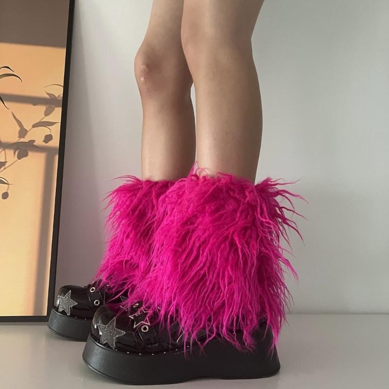 Fuzzy Faux Furs Leg Warmers Furs Heels Long Boots Cuffs Cover Has Elastic One Pair Carnivals Boot Cover Y2K JK Uniform