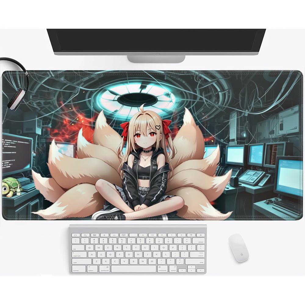 HYBXAXC Anime Fox Girl Gaming Mouse Pad Tech Cyberpunk Style NonSlip Rubber Desk Mat for PC Office Keyboard Mats Large Gamer
