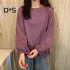 Women T-shirt Round Neck Lantern Long Sleeve Elastic Cuffs Tee Shirt Solid Color Loose Fit Pullover Tops Daily Wear