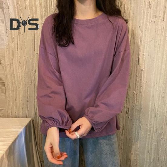 Women T-shirt Round Neck Lantern Long Sleeve Elastic Cuffs Tee Shirt Solid Color Loose Fit Pullover Tops Daily Wear