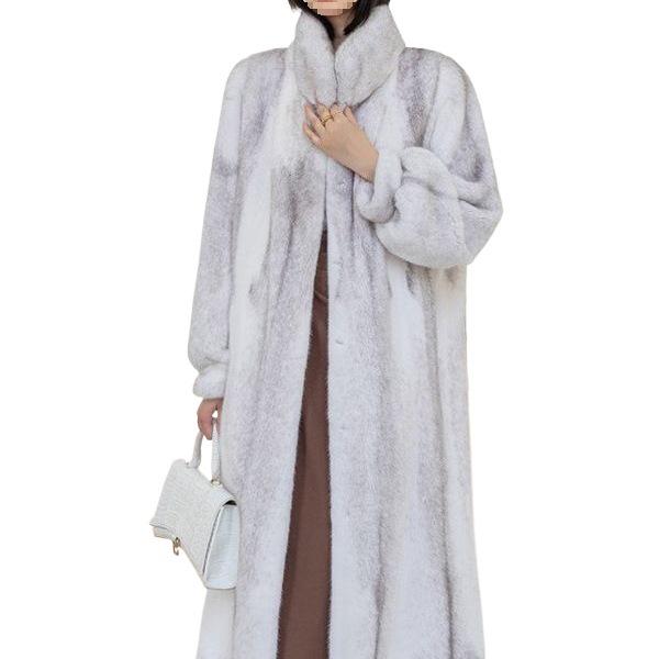 Women's Stylish Long Mink Fur Coat with Stand-Up Collar for Winter Warmth
