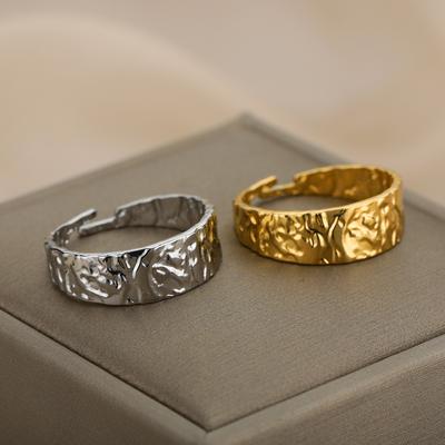 Vintage Stainless Steel Irregular Texture Rings For Women Men Opening Gold Color Wide Ring 2024 New Trend Jewelry Wedding Gift