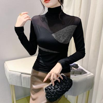 Hochgeschlossenes Mesh-Top mit warmem Samt-Basishemd für Damen im Frühlings-Stil, langärmeliges T-Shirt im Slim Fit