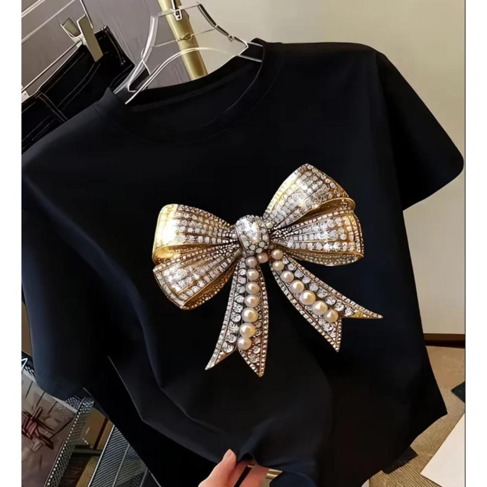 

Women s Y2K Bow Printed T-shirt Short Sleeve Round Neck T-shirt with Sparkling Decorative Casual Round Neck Top Women s T-shirt M