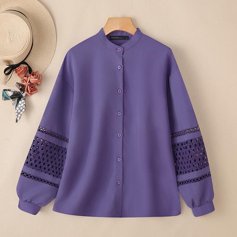 

ZANZEA Женская повседневная блузка с воротником-стойкой и длинным рукавом 4XL фиолетовый