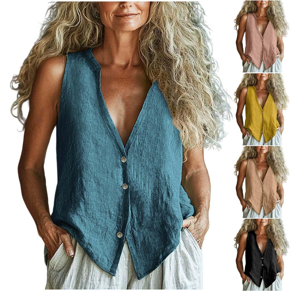 Women's Fashionable Sleeveless Solid Color V Neck  Casual Loose Vest Top