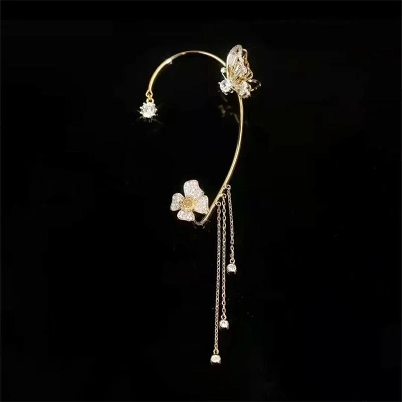 Boucles d'oreilles à clip papillon en cristal pour femmes, bijoux à la mode, perles, manchette d'oreille, long pompon, breloque creuse, cadeau de mariage