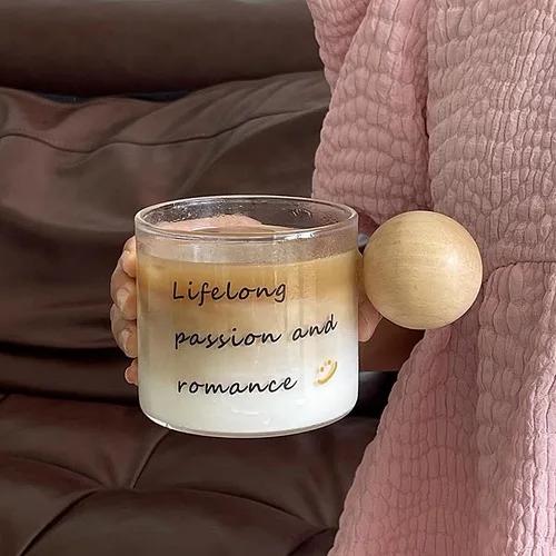 Glastasse Kaffeetasse Glastasse mit Untertasse Hitzebeständige Haushaltstasse Große Kapazität Kugel Holzgriff Glas Latte Flasche