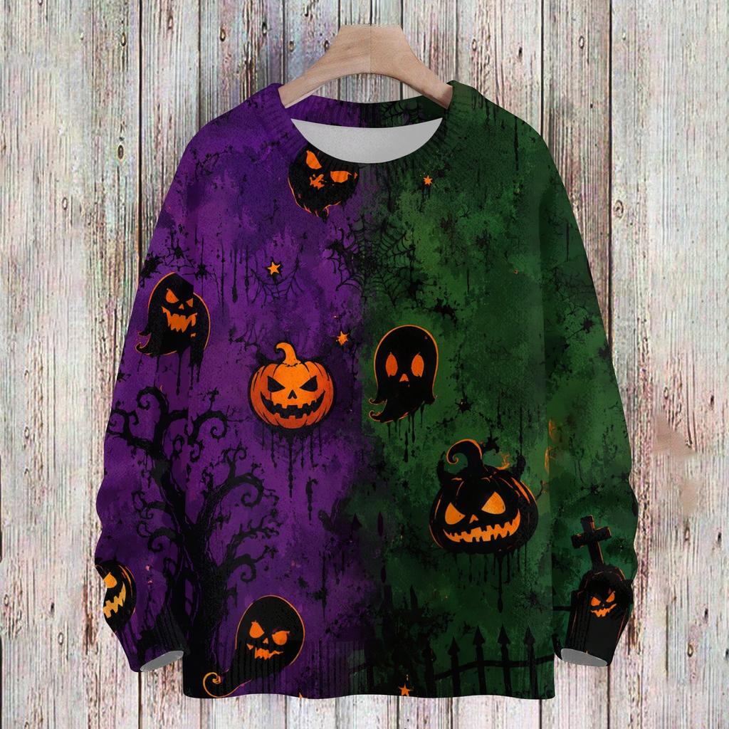 Women's Long Sleeve Halloween Print Sweater, Casual Round Neck Knit Top