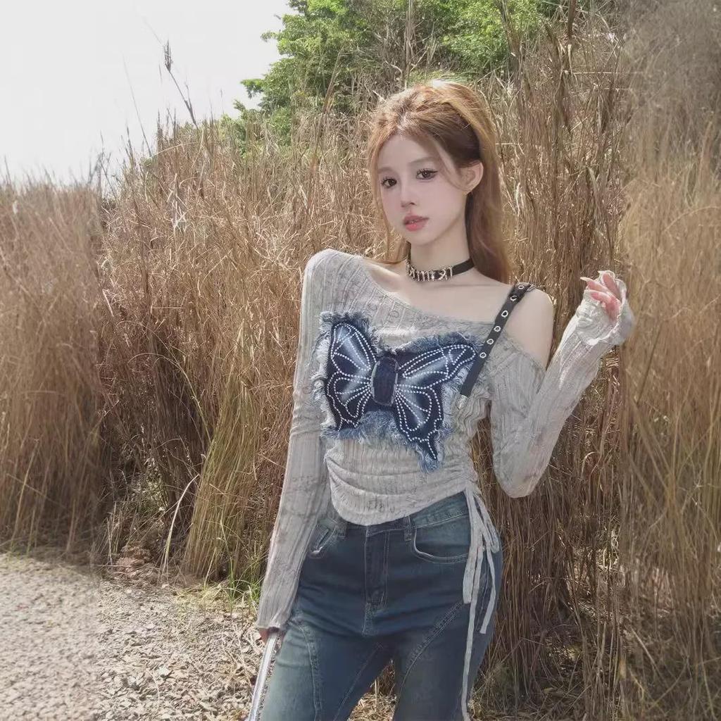American Retro Y2K Off-Shoulder Butterfly Denim Top for Women