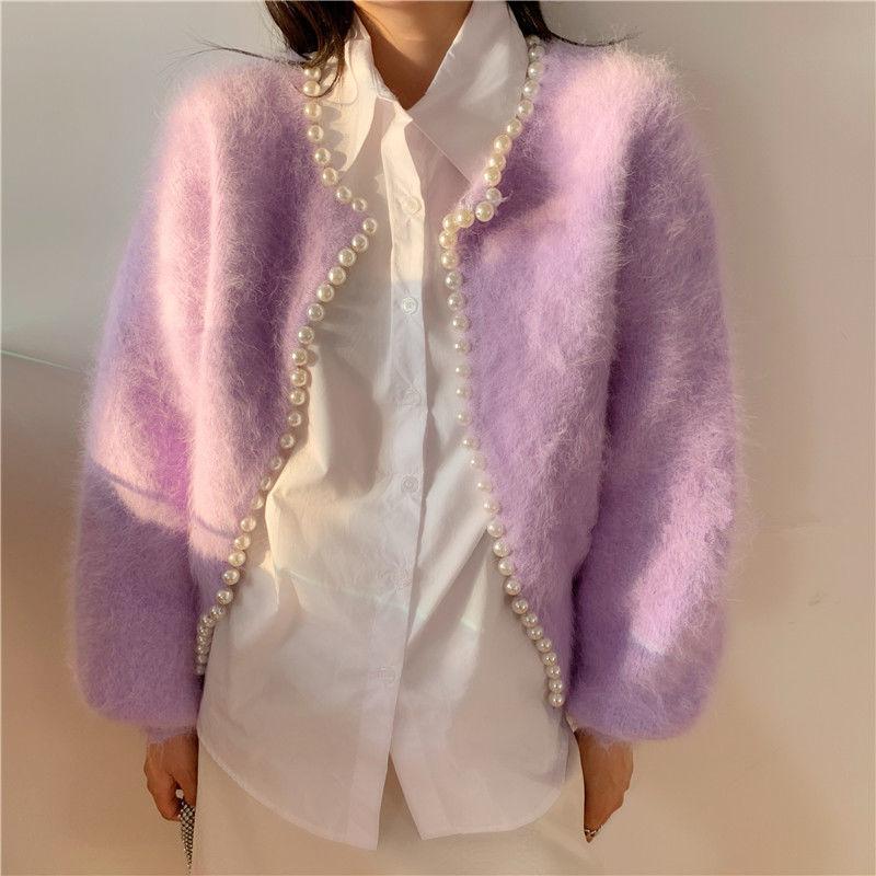 2022 Ladies Pearl Knit Lantern Sleeves Imitation Mink Fleece Sweater Cardigan Jacket Women