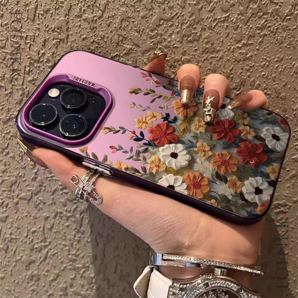 Artistic Flower Painting Matte Laser Phone Case For iPhone 14 Pro Max Case iPhone 16 15 13 12 11 XS X Plus Mini Shockproof Cover