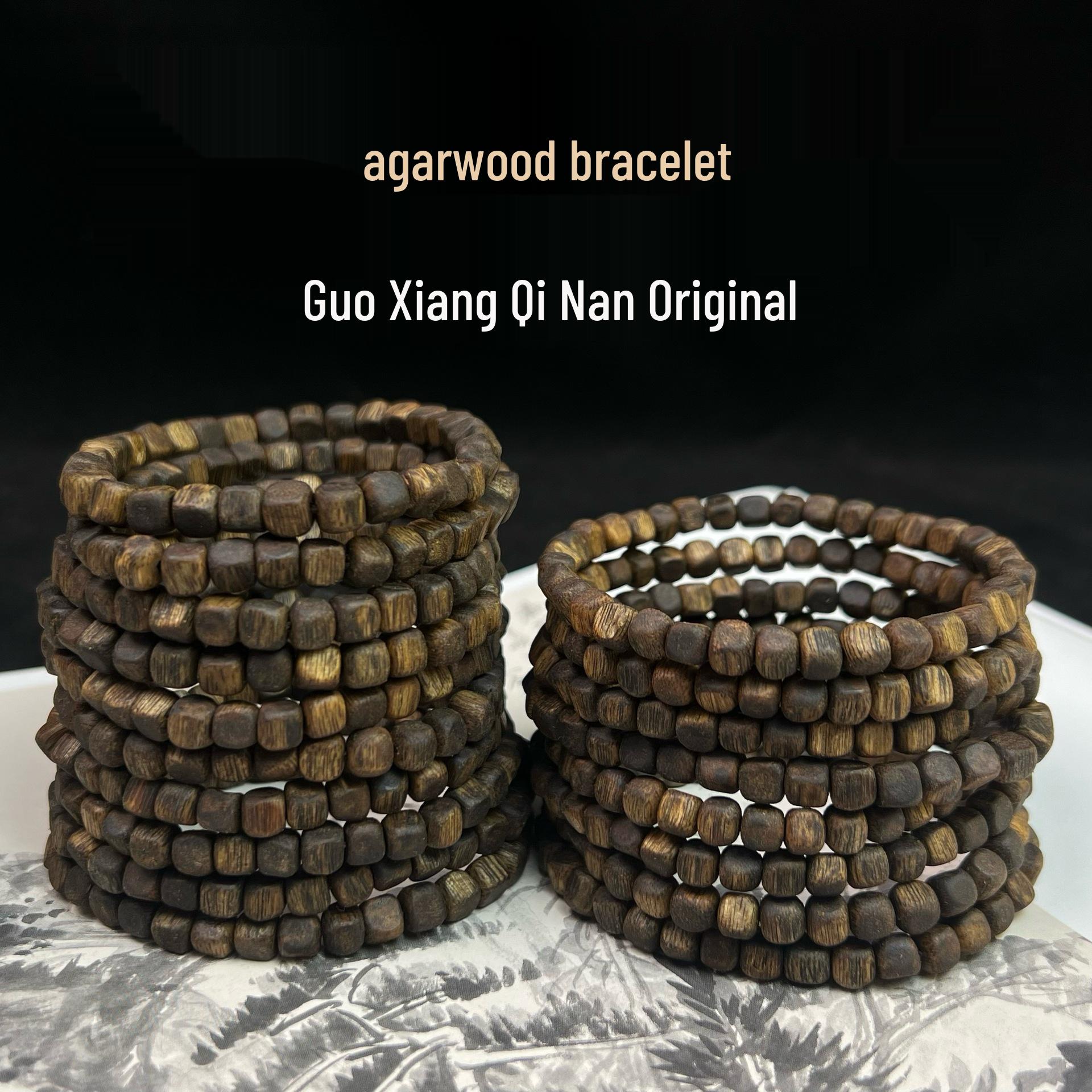 Agarwood Kinam Square Bead Bracelet 9.9 Points - Unisex Wooden Literary Design Kinam Agarwood Square Beads 3g, 4-5mm