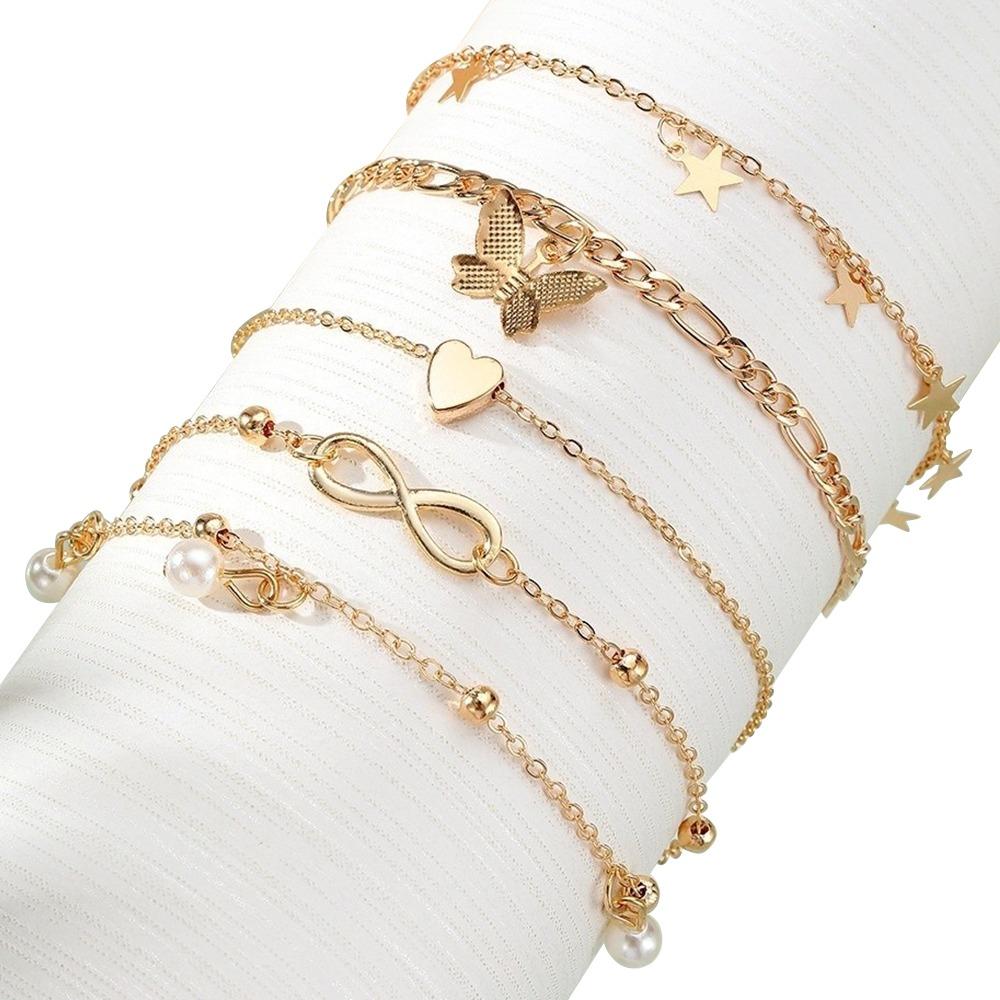 4Pcs/5Pcs Adjustable Heart Charm Anklet Pearl Charm Anklet  Women Girl Jewelry Accessories