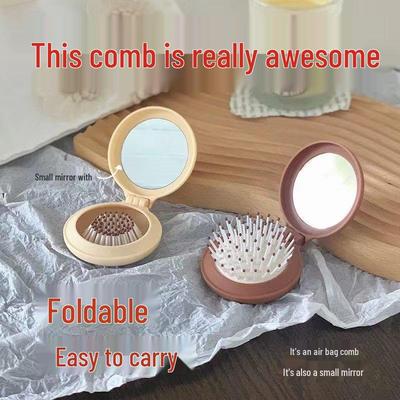 Portable Mini Massage Comb with Mirror - Foldable, Cute Air Cushion Design for Girls