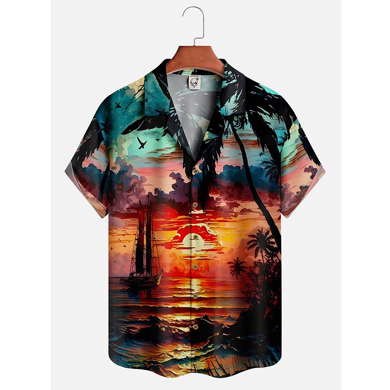 Men's Hawaii Summer Dusk Pattern Casual Shirt 3d Print Beach Funny Short Sleeve Womens Clothes Blouse New Hot Sale Floral