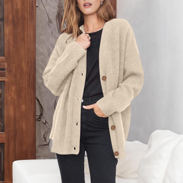 Oversized V Neck Lightweight Women Cardigan Front Button Loose Knitted Sweater Jacket