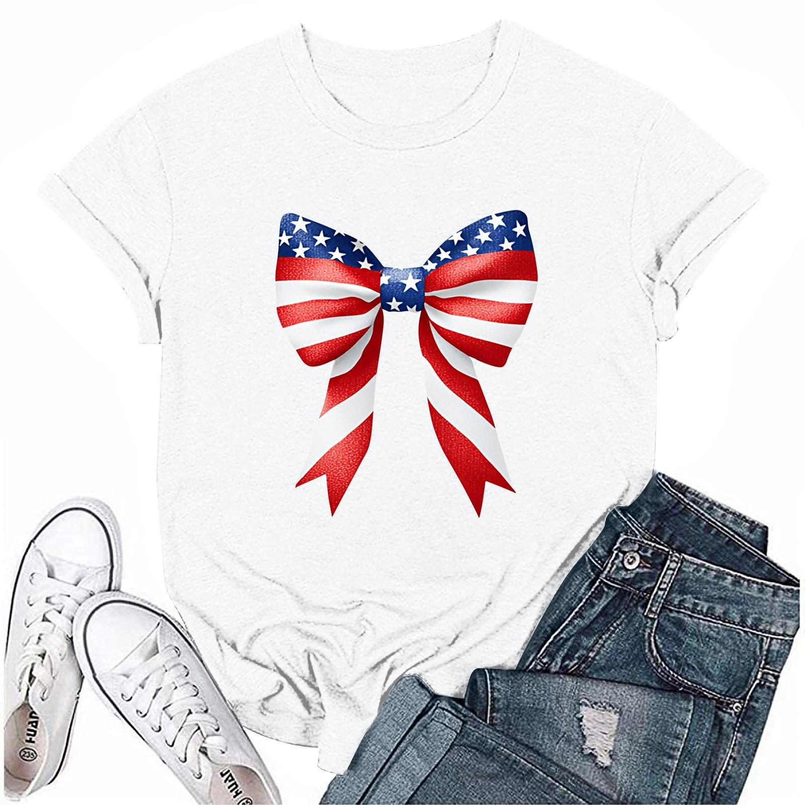 

Взрослые Повседневная Ежедневная Круглая горловина День Независимости Печатный короткий рукав Футболка Топ с буквами L белый