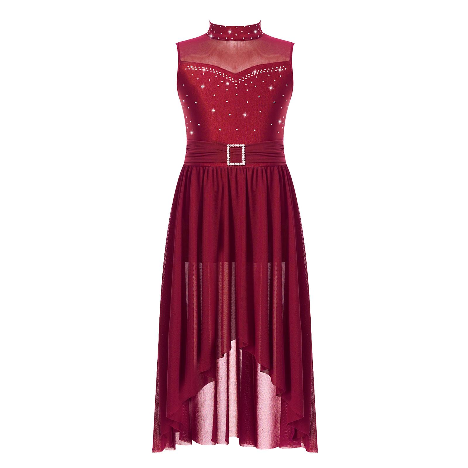 

Сукня для ліричного танцю для дівчаток, без рукавів, з порожниною на спині, високим низьким подолом, вбудованим леотардом-трусиками бордовий