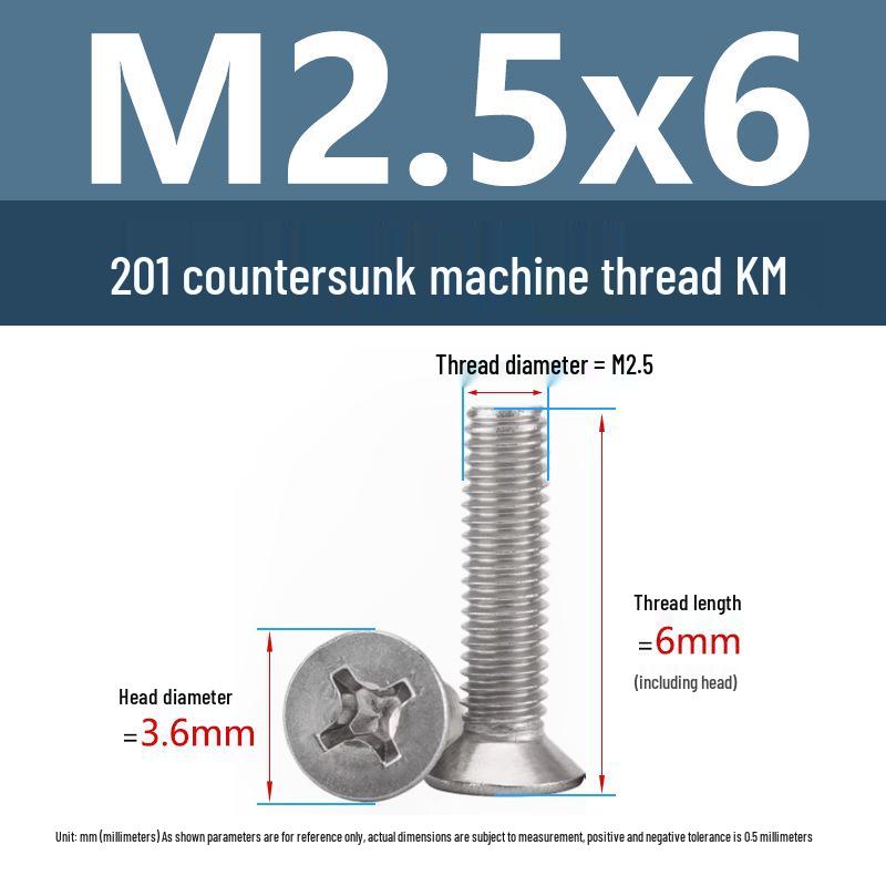 Stainless Steel Phillips Countersunk Machine Screws M2-M5, Flat Tail, Full Thread