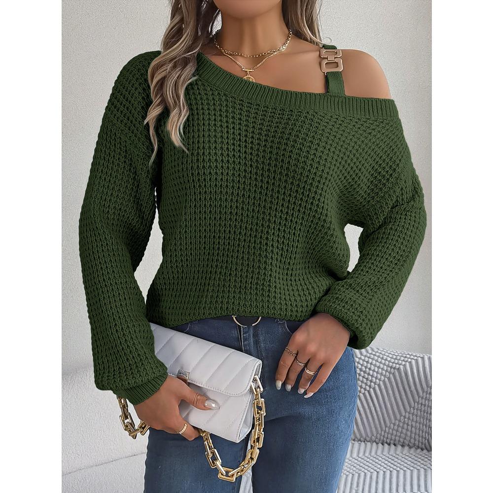 Damesweatshirt Høst/Vinter Casual Metallspenne Lappverk Off-Shoulder Klokkeermer Pullover Strikk Damer Strikket Topp