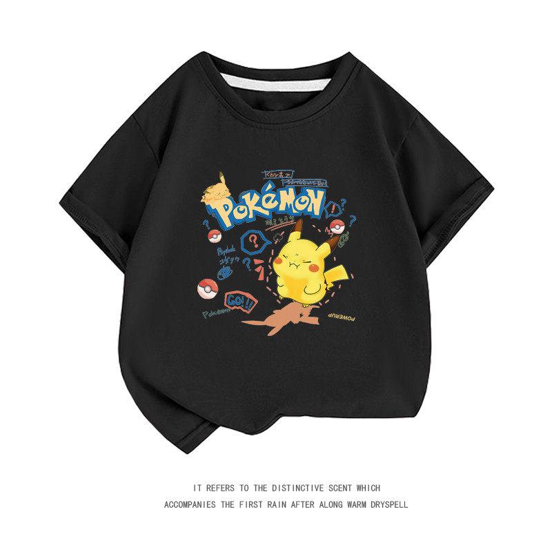 Summer New PokémonPikachu Shortsleeved Tshirt for Boys and Girls Middlesized and Largesized Cartoon Casual Top Trendy Design