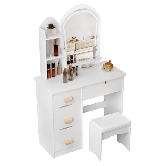 Makeup Vanity Desk with LED Lighted Mirror, Vanity Table with 4 Drawers and Opening Shelves, Bedroom Dressing Table with Stool